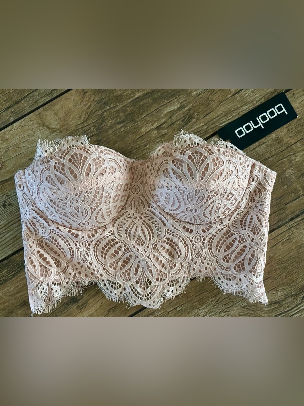 NWT BooHoo Premium Lace Bandeau Strapless Bra Blush Pink Small S